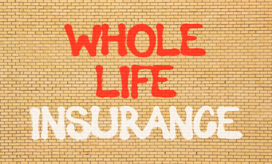 Whole life insurance symbol. Concept words Whole life insurance on beautiful brown brick wall....