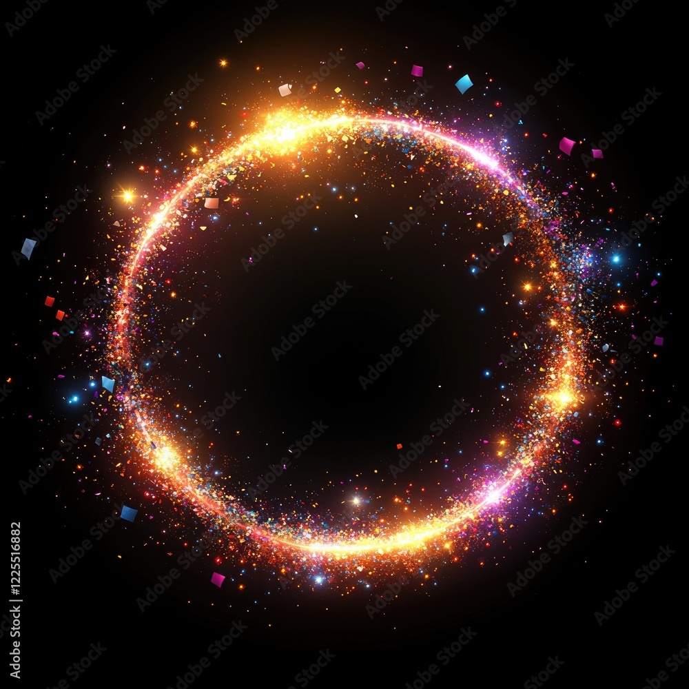 Poster bright circular light effect with colorful sparkles on black background