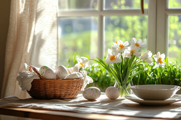Stylish easter eggs with spring flowers in the Basket. ai generation 