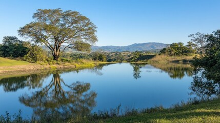 Serene landscape reflecting in tranquil water under a clear sky