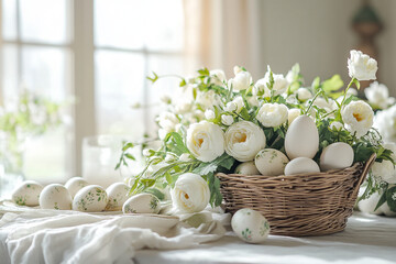 Stylish easter eggs with spring flowers in the Basket. ai generation 