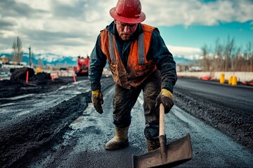 Dedicated worker skillfully paves a road under a dramatic sky in a bustling construction site