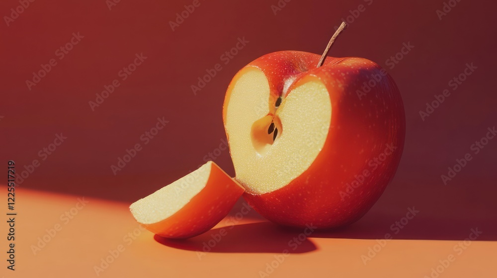 Poster red apple carved into a heart shape with a slice