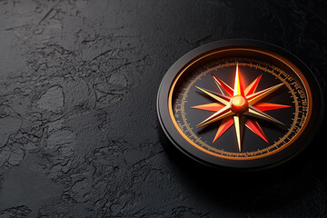 glowing compass with vibrant red and gold accents lies on textured dark surface, symbolizing direction and exploration. compass needle points decisively, evoking sense of adventure and discovery