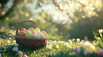 Colorful easter eggs in a basket with Pastel Spring Flowers on the green fresh grass. ai generation 