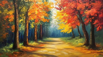 Fototapeta premium Vibrant Autumn Pathway Surrounded by Colorful Foliage and Trees