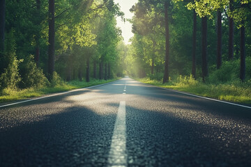 Scenic Road Trip Through green Forest. ai generation
