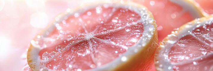 Refreshing slices of pink grapefruit glistening with water droplets on a soft background. Generative AI