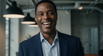 Fototapeta premium Happy African American Businessman Smiling in Modern Office