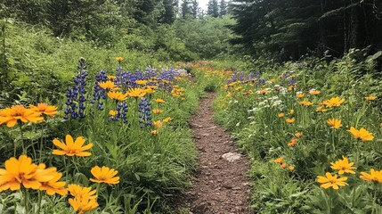 Fototapeta premium Wildflowers blooming along a forest trail, vibrant colors contrasting with the rich green backdrop 