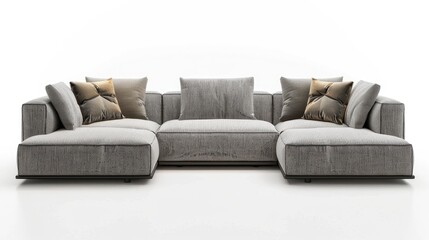 Large fabric sofa for 4 people on white background with even lighting.