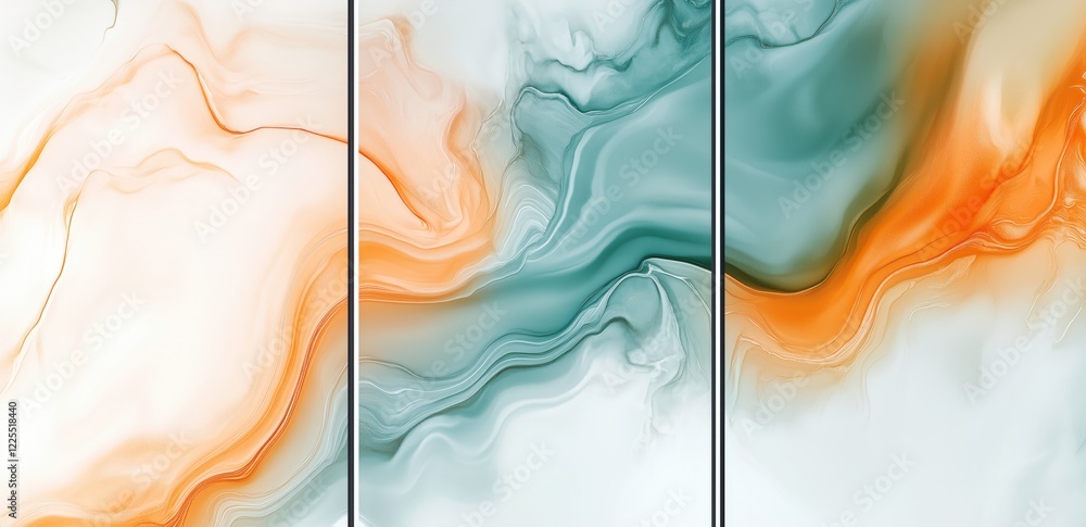 Poster abstract fluid art triptych: a mesmerizing triptych featuring fluid, organic shapes in vibrant teal 