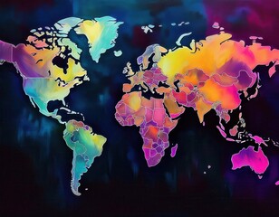 Colorful world map illustration highlighting continents and oceans with vibrant hues and artistic flair shown against a dark background. Generative AI