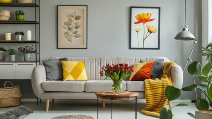 Living room interior with sofa, shelves, table with flowers, and picture on grey wall