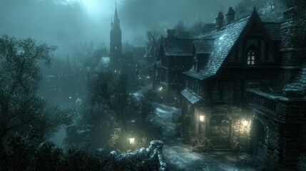 Enigmatic Snow-Covered Village at Night
