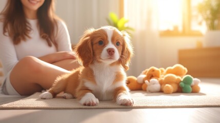 Sweet puppy relaxing with family in the living room. Generative AI