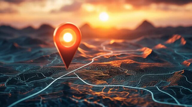Sunset over a mountain landscape with a glowing location marker in the foreground highlighting navigation and exploration