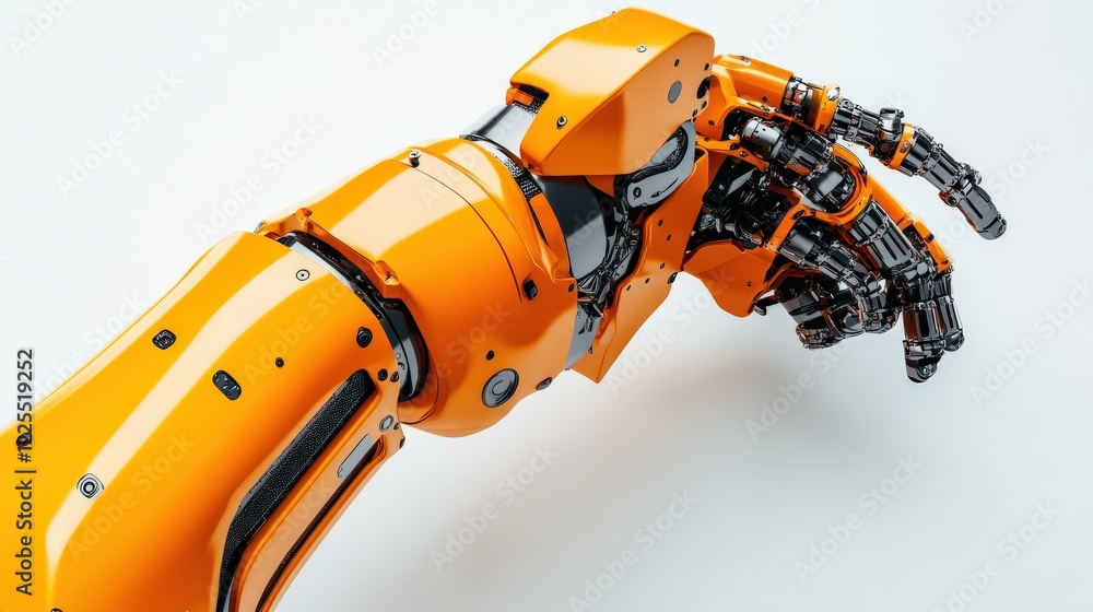 Poster close-up view of an orange robotic arm showcasing intricate mechanical details and design