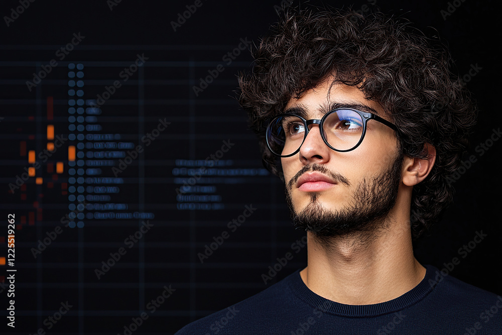 Poster thoughtful man with curly hair and glasses stands in front of digital screen displaying data charts,