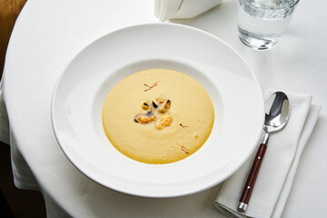A beautifully crafted saffron soup served in a white bowl showcases a smooth texture and garnished with seafood. The setting is refined, with a water glass and polished utensils