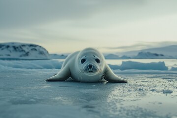 A curious seal resting on ice in a serene Arctic landscape with distant snowy mountains