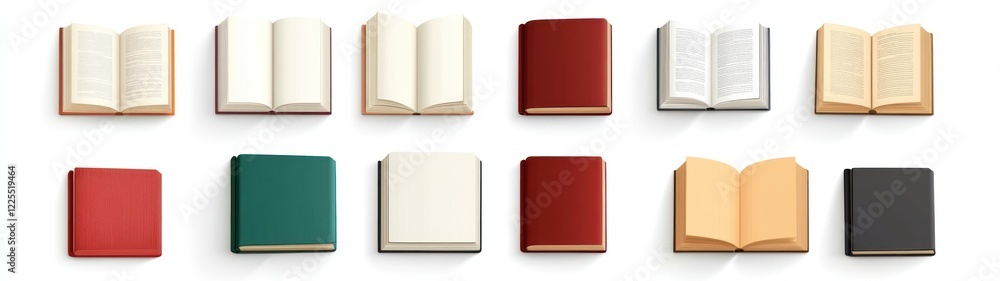 Poster twelve books displayed open and closed in various colors