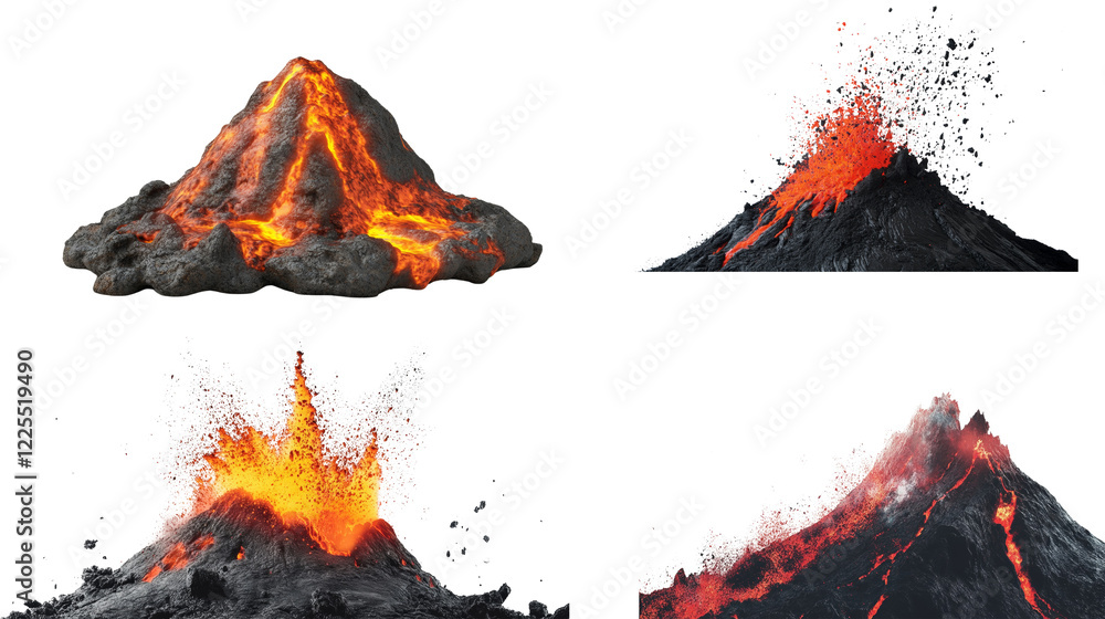 Poster A digital illustration showcasing four different stages of a volcanic eruption with varying lava flows and explosive activity.