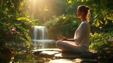 Woman smiling while holding a glowing holiday gift box in front of a Christmas tree. Generative AI