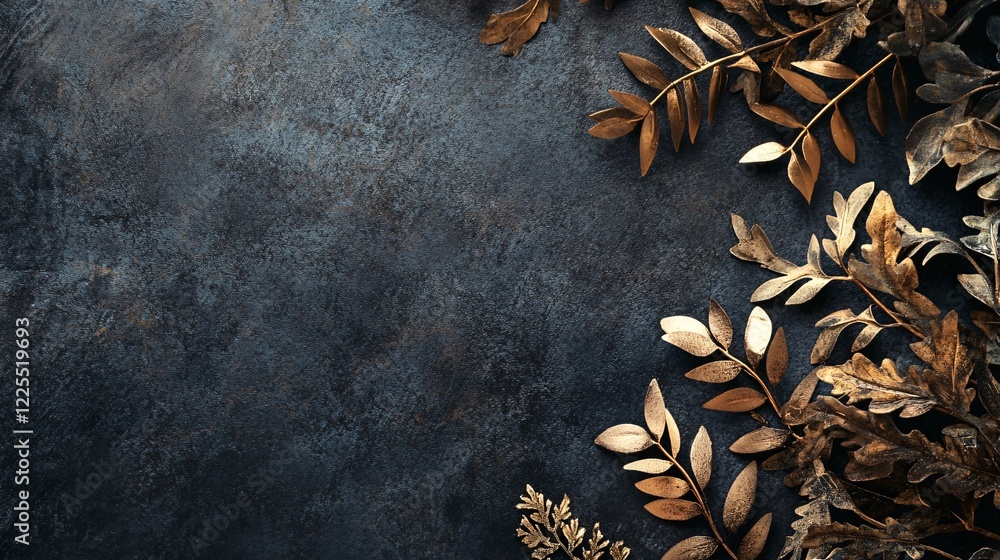 Poster golden autumn leaves arranged on dark background creating copy space