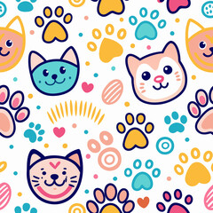 Fototapeta premium Cute cats paw prints seamless pattern, playful background, textile design