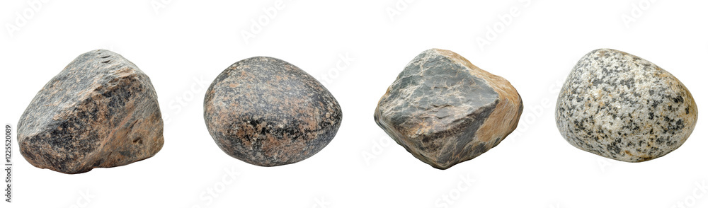 Poster The image shows four differently textured and colored smooth stones, isolated against a black background.
