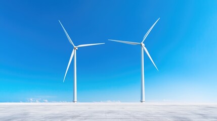 Two wind turbines on a flat land under a clear blue sky, renewable energy concept