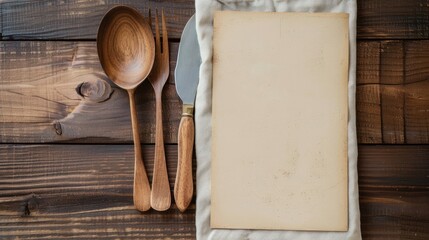 Mockup recipe paper with blank card and cutlery on wooden table.