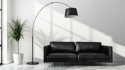 Modern black and white floor lamp beside black leather sofa in daylight