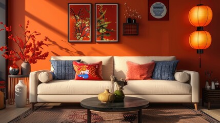 Modern living room with a sofa, table, and decorations for Chinese New Year festivities