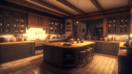 Cozy Rustic Kitchen Interior at Night