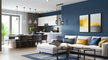 Modern living room with cozy couch and dining set near blue wall in large home
