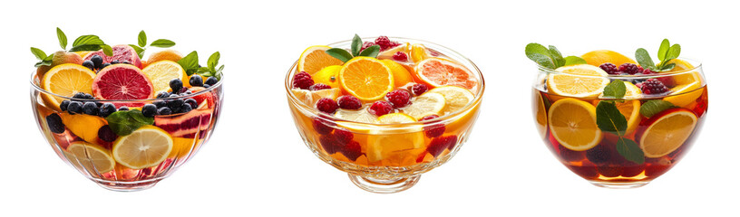 Three glass bowls showcasing a vibrant mix of sliced citrus fruits and berries in a refreshing iced beverage.