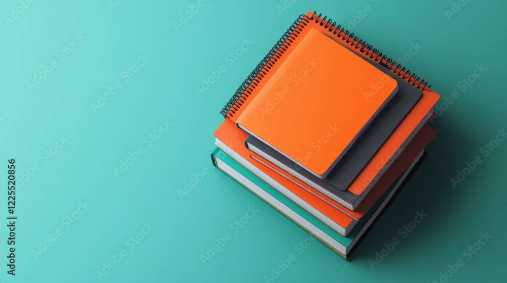 Poster A Stack of Colorful Notebooks on a Teal Background