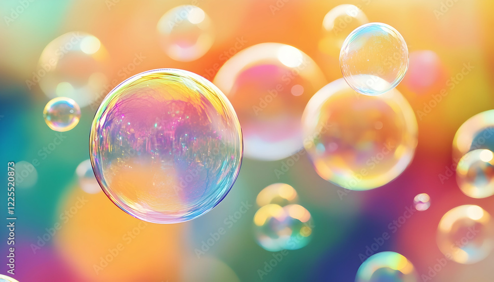 Poster rainbow-colored soap bubbles captured up-close on a bright and colorful background, emphasizing vibr