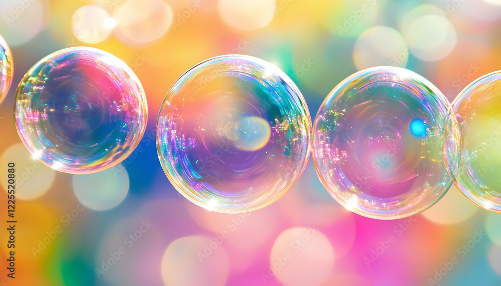 Poster rainbow-colored soap bubbles captured up-close on a bright and colorful background, emphasizing vibr