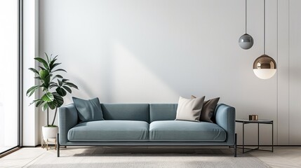 Modern-style Living Room with Fabric Sofa, Side Table, and Empty White Wall