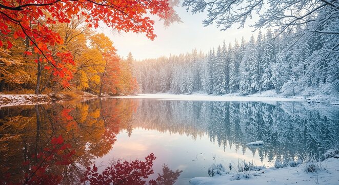 Dual Season Landscape: Autumn and Winter Divide with Reflective Lake, Transition of Seasons: A striking image bisected vertically.