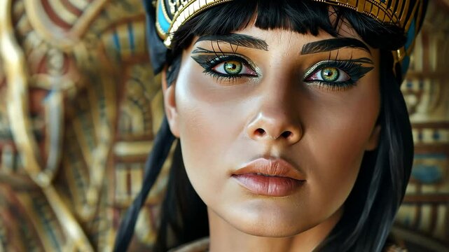 A young woman appears regal in intricate Egyptian attire adorned with jewelry, showcasing her captivating blue eyes and elegant headdress in a historical setting.