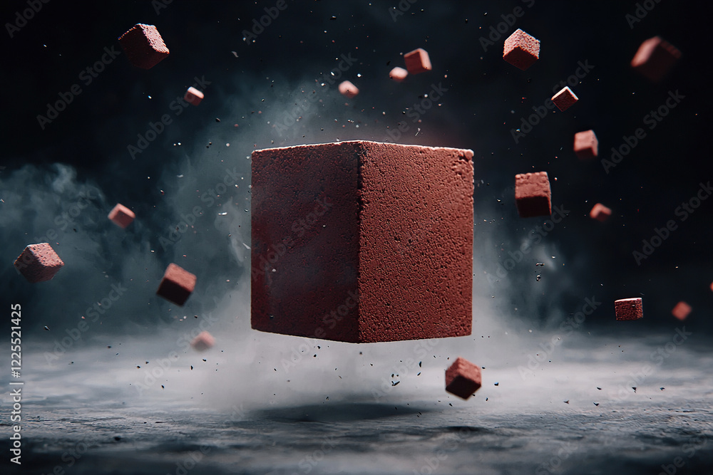 Poster large central red cube surrounded by smaller cubes floats in dark, smoky environment, creating myste