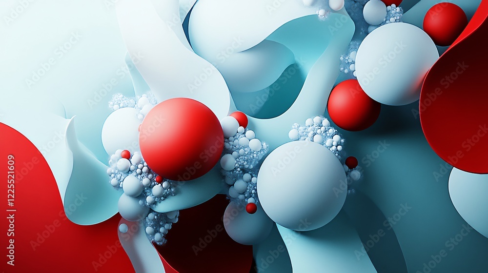 Poster red and light blue spheres floating in an abstract space