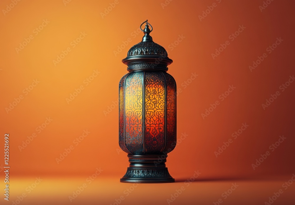 Poster ornate lantern with intricate patterns and warm glow on orange background