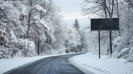 Outdoor advertising on a snowy road with a vintage black wooden billboard for cafes and shops.