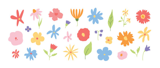 Spring and summer pastel flowers set. Hand-drawn blossoms, doodles, icons. Botanical floral drawing. Vecor isolated on white.