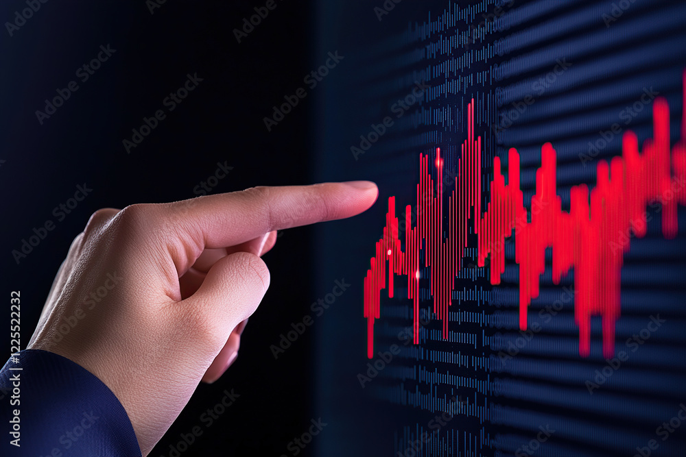 Poster hand points at digital screen displaying red financial graphs, indicating data analysis and market t